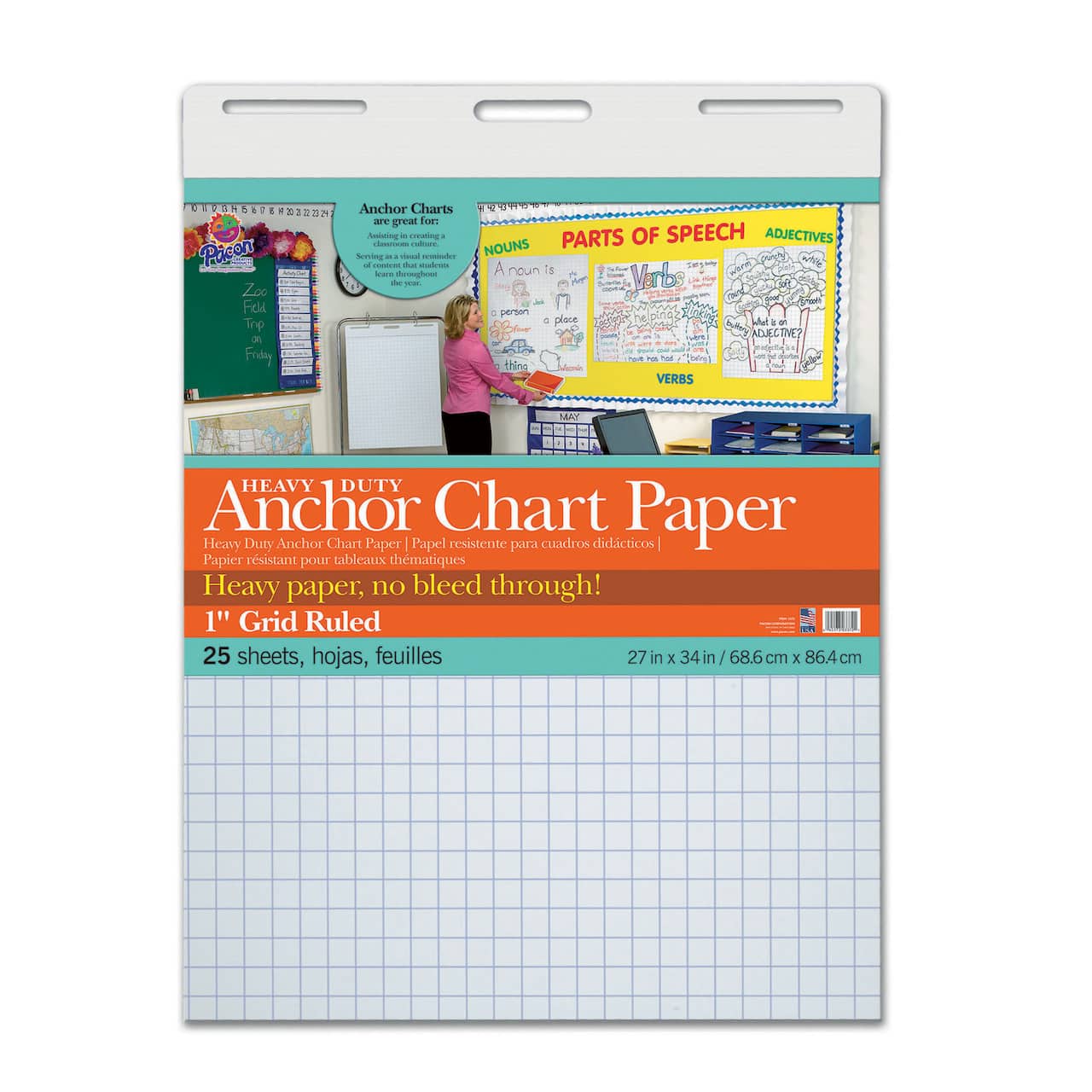 1" Grid Ruled Heavy Duty Anchor Chart Paper, 27" x 34", 25 Sheets